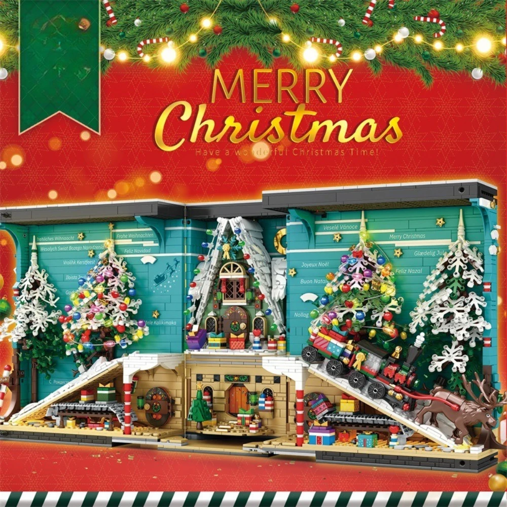 MOC Christmas Bookshelf Book Stall Stand Building Blocks Set Tree Bookstore With Light Festival Toys Children Holiday Xmas Gifts