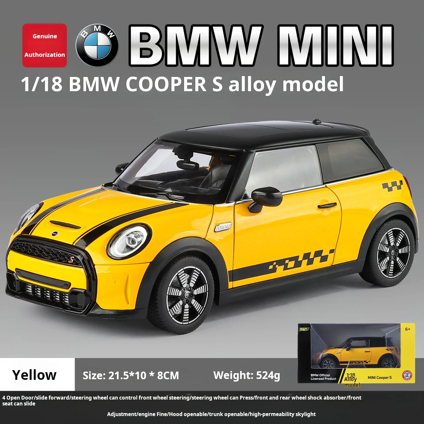 1:18 Grote BMW MINI Cooper Simulatie Auto Model van Legering, Nauwkeurige Schaalmodelweergave, Geluid en Licht, Trek-achter, Kinder Verjaardagscadeau, Verzamelobject