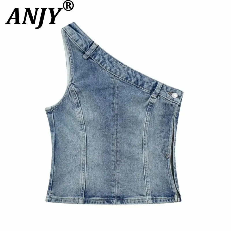 

ANJY Summer New Women Sexy Chic Tank Top Fashion One Shoulder Asymmetric Design Denim Camisole High Street Ins Trendy Vest A9141