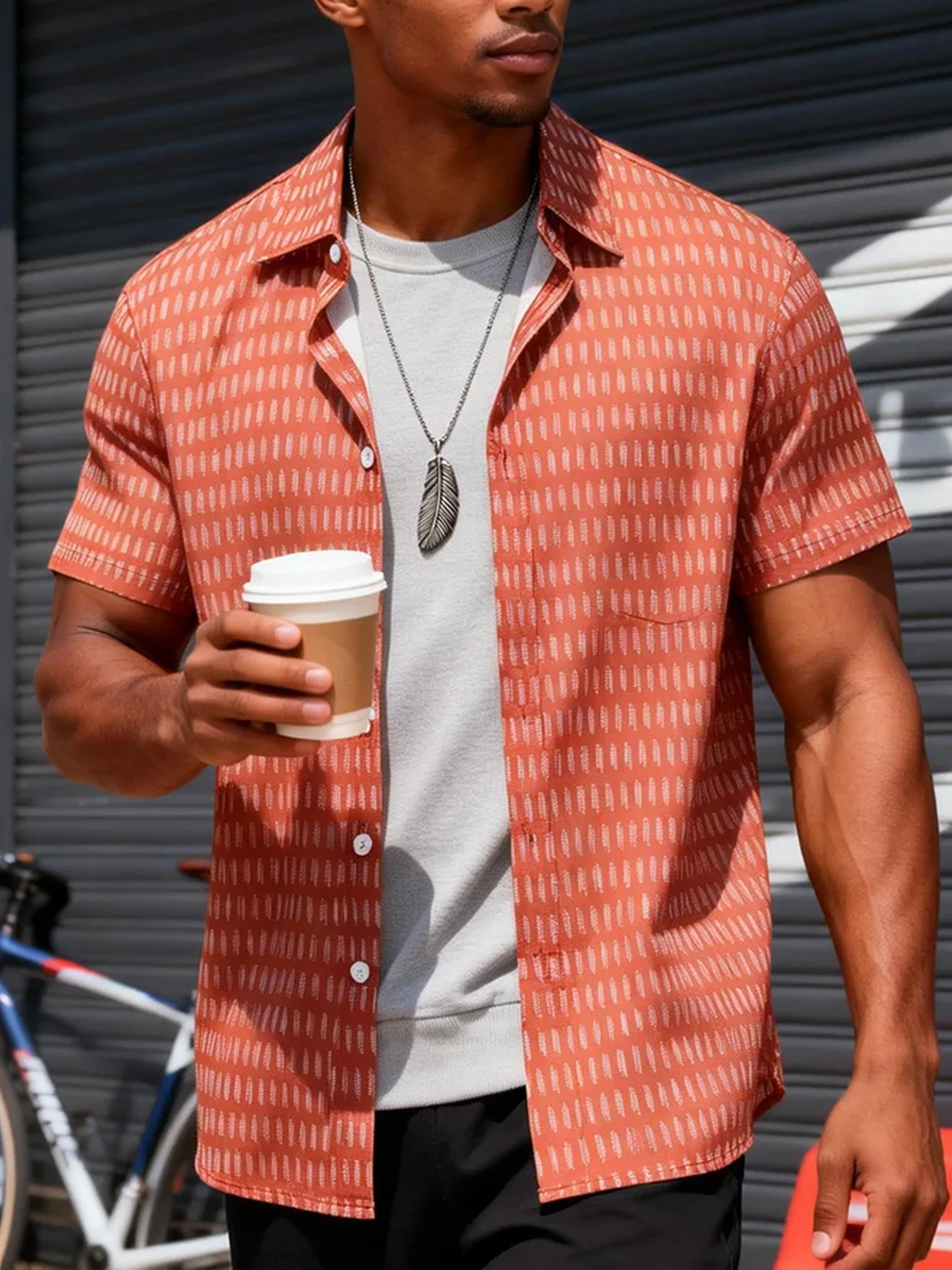 Men's Simple Line-Printed Short-Sleeve Casual Shirt, Lightweight Loose-Fitting Shirt with a Turn-Down Collar, Versatile Short-Sleeve Top for Beach Vacation