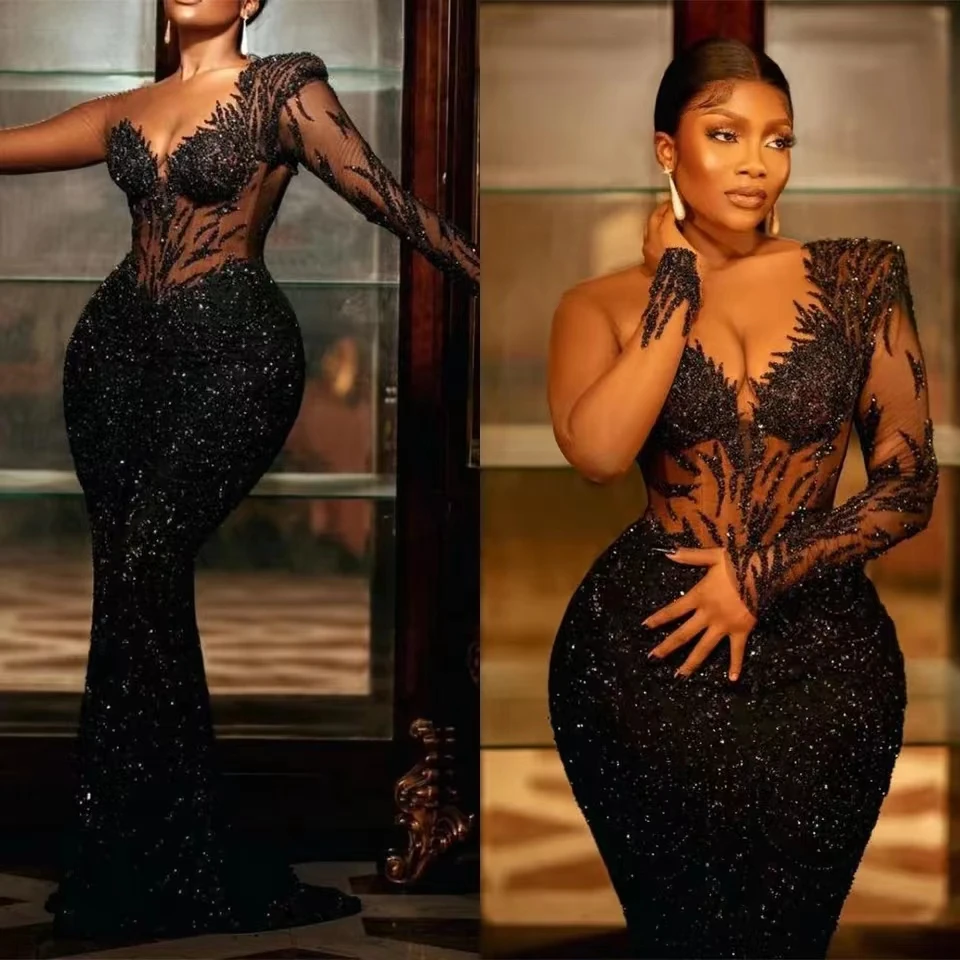 Plus size preto menina celebridade vestido de noite 2024 lantejoulas ilusão vestidos de baile um ombro sheer neck vestidos de festa feitos sob