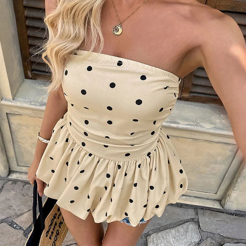Women's Polka Dot Strapless Tube Top Ruched Waist Ruffle Hem Slim Fit Lightweight Breathable Casual Vacation Peplum Camisole Top