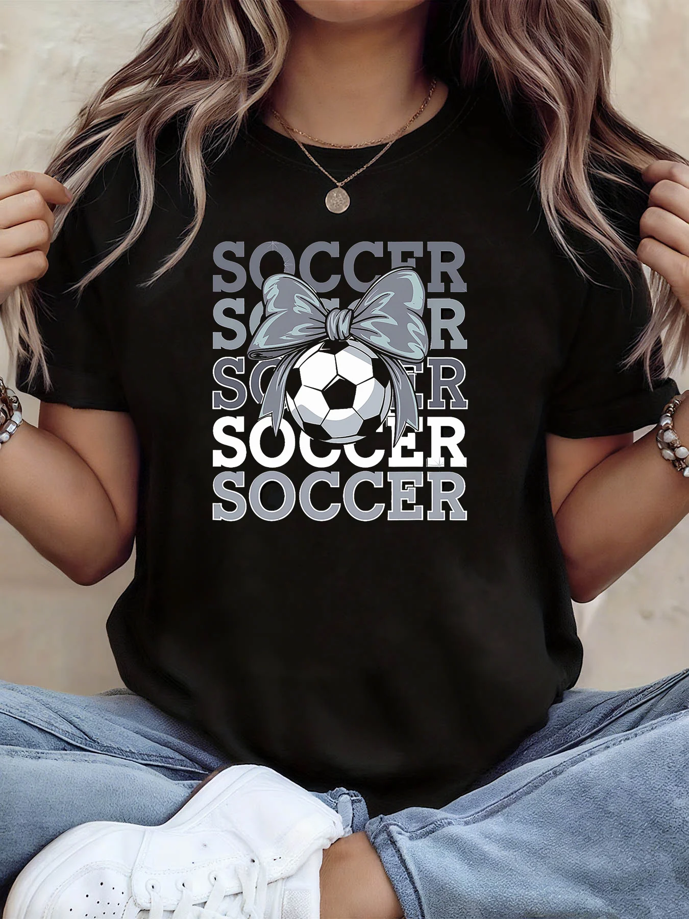 Women Soccer Bow Repeated Letter Print Short Sleeve TShirt for Match Viewing Fan Gatherings Sweet Cool Vibe SkateboardStreetwear