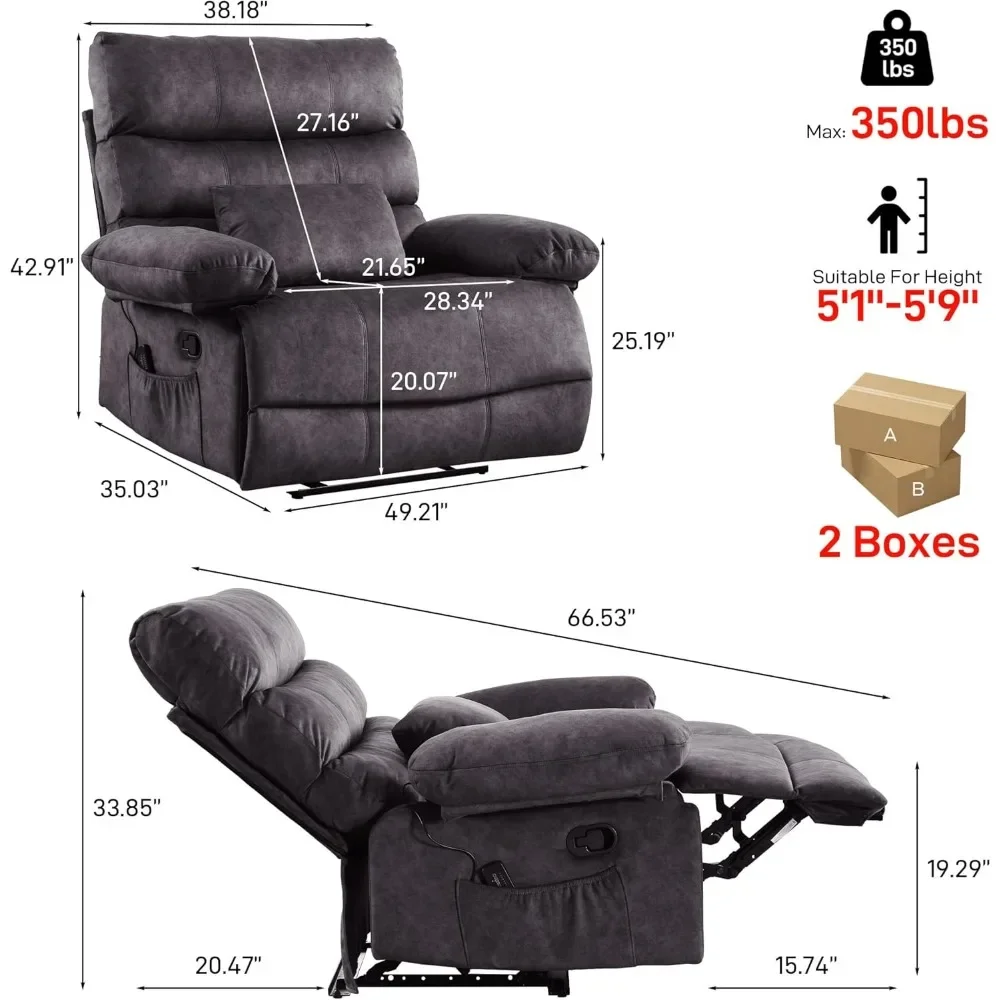 Plus Size 28 Inch Large Wide Seat Manual Flannel Recliner with Pockets, Massage Heated Pillow 350 Lb Capacity,Living Room Chairs