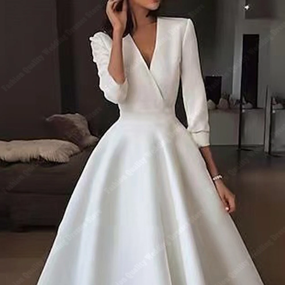 Sexy V-Neck Women Wedding Dresses Romantic Satin Bridal Gowns Mopping Mopping Length Engagement Ball Vestido De Novia Customized