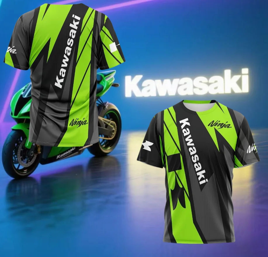 

Летний гоночный костюм Kawasaki, мужская быстросохнущая футболка, хит продаж 2024, мотоциклетный повседневный дышащий свободный модный костюм с короткими рукавами