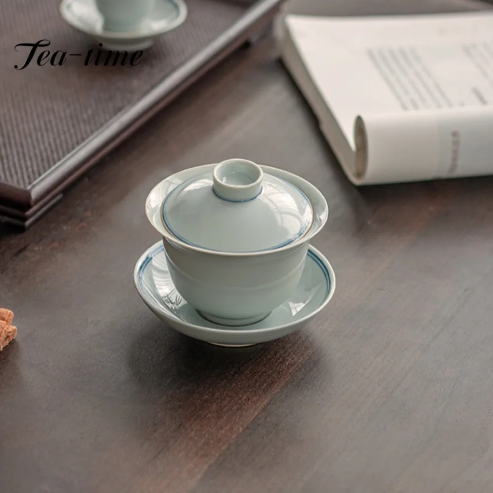 

120ml Atique Had-paited Double Line Art Gaiwan Handmade Cup Saucer Tea Tureen Tea Brewing Cover Bowl Chinese Tea Set Collection