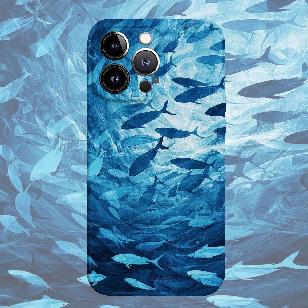 Blue Fish Swarm Glossy Film Hard Phone Case for Samsung Galaxy A37 A57 A17 A07 A16 A56 A26 A36 A06 A55 A35 A15 A54 A05 A14 4G 5G