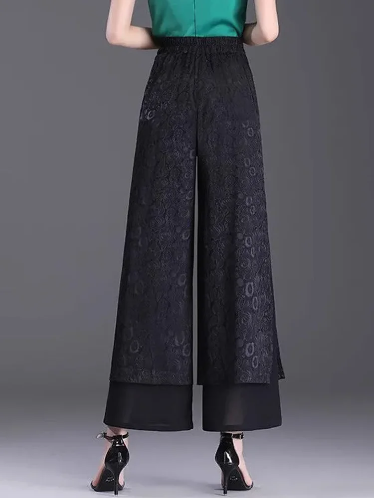 Split Jacquard Design Wide Leg Pants Women Casual High Waist Baggy Straight Pantalones Spring Fall Loose Ankle Length Calca New