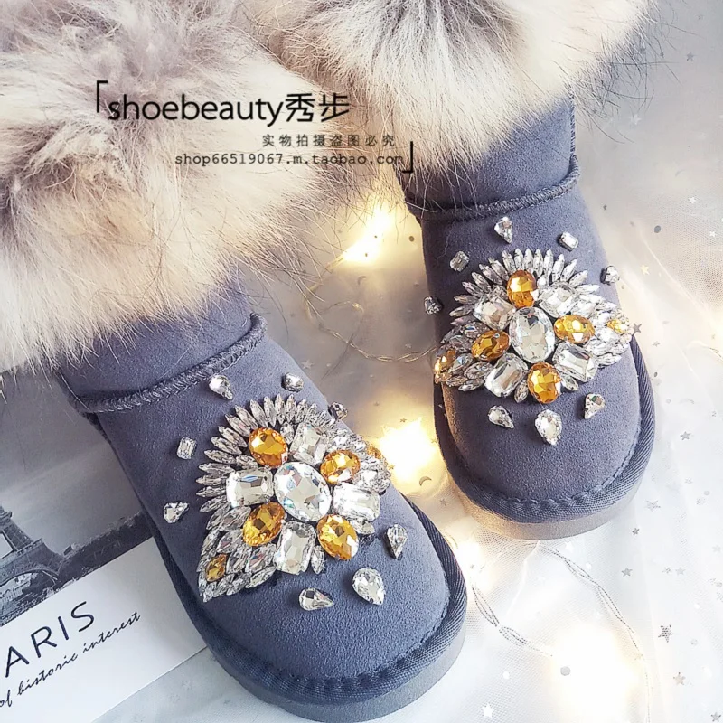 Luxury Fashion Real Soft Fox Fur Winter Snow Boots for Women Warm Shoes Genuine Leather Rhinestone Handmade Flat Ankle Boots