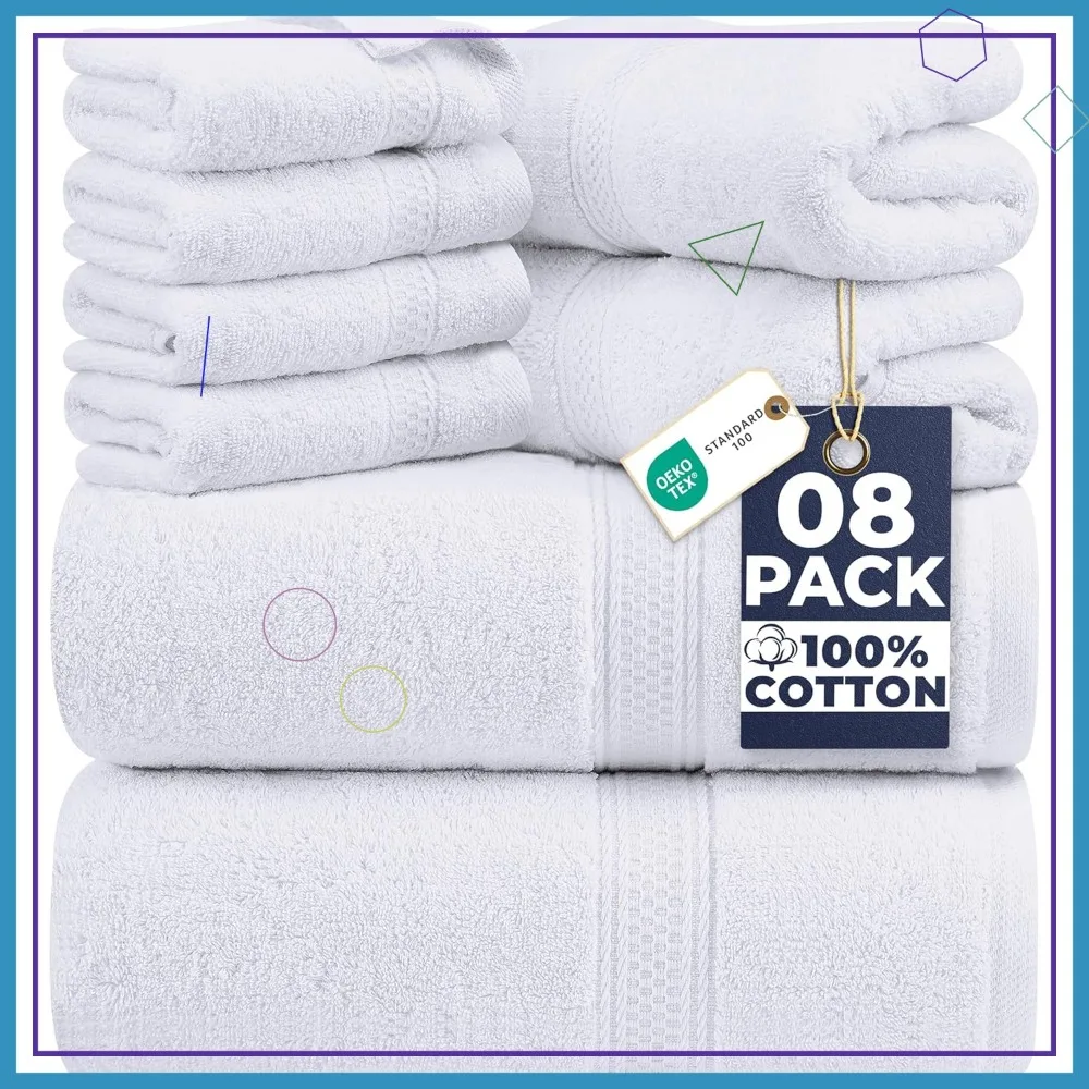 

8-Piece Luxury Towel Set: Plush, Super Absorbent, Quick-Dry, 100% Ring Spun Cotton for Bathroom, Spa & Hotel - White