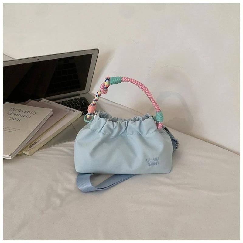 Yellow Blue Khaki Women Soft Nylon Drawstring Cloud Dumpling Bag Casual Crossbody Shoulder Purse Woven Rope Handle Phone Girls