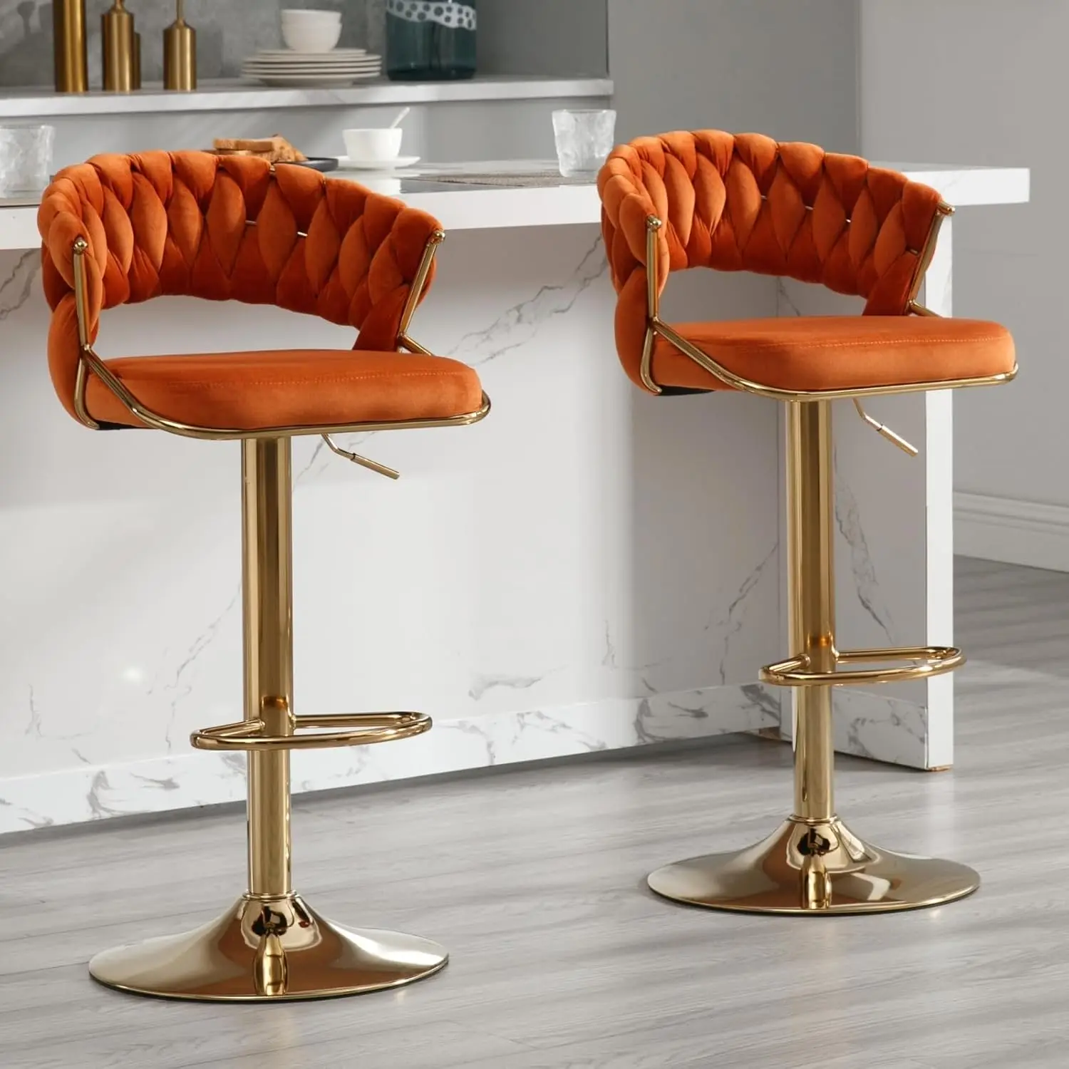 DUOMAY Woven Swivel Bar Stools Set of 2 - Modern Height Adjustable Bar Stools with Woven Backrest and Chrome Base - Velvet