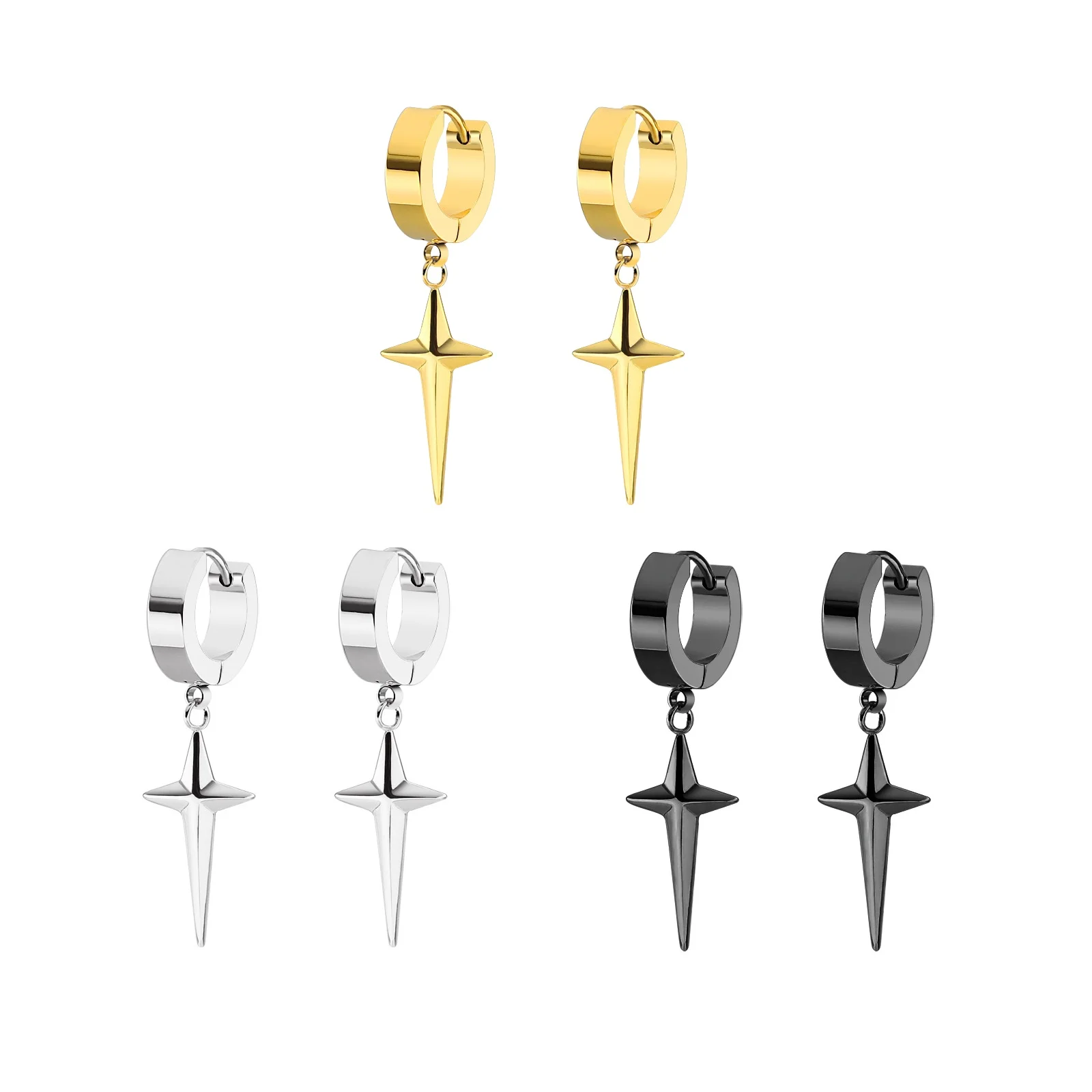 Image of Personalisierte Punk-Edelstahl-Creolen für Männer und Frauen, Kreuz, Stern, baumelnd, schwarz, Kpop-Geometrie, wasserdicht, Schmuck, Geschenk