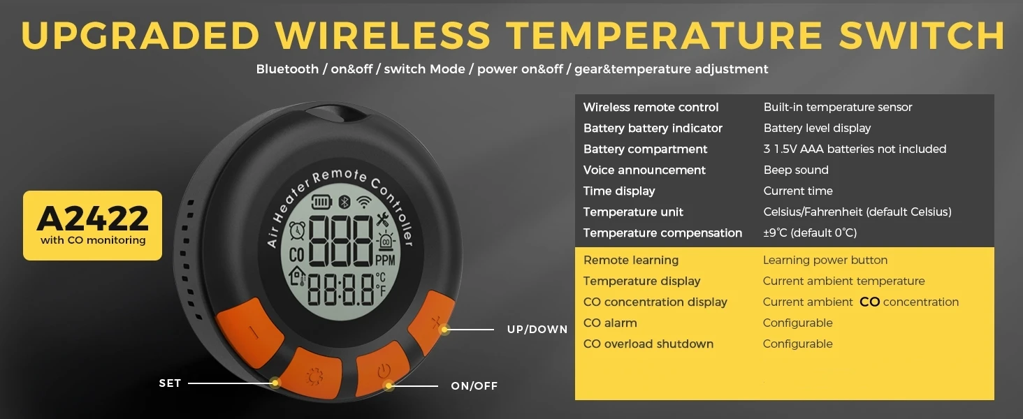 A2422 Verbesserter kabelloser Temperatursensor-Schalter mit CO-Überwachung, für Reisen und Camping, CO-Alarm für zu Hause, Steuerung des Heizgeräts – Detail 1