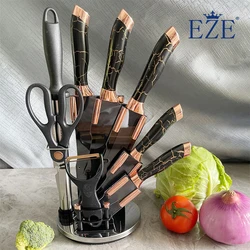 9pcs Kitchen Tools Knife Set Electroplated Handle Swivel Seat Chef Knife Kitchen Knife Scissors Plane Knife Sharpening Stick