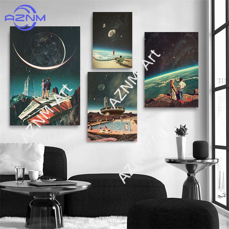 Vintage Surreal Space Futurism Posters Prints Canvas Painting Sci-fi Celestial Galaxy Retro Wall Art Picture for Room Home Decor