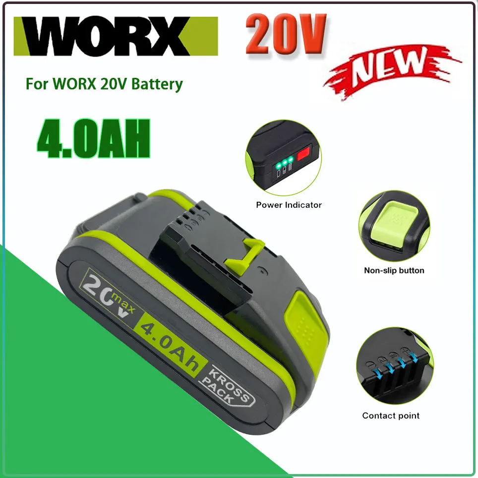 

Worx New Power Tools Rechargeable Replacement Lithium Battery 20V 4000mAh for Worx WA3551 WA3553 WX390 WX176 WX178 WX386 WX678