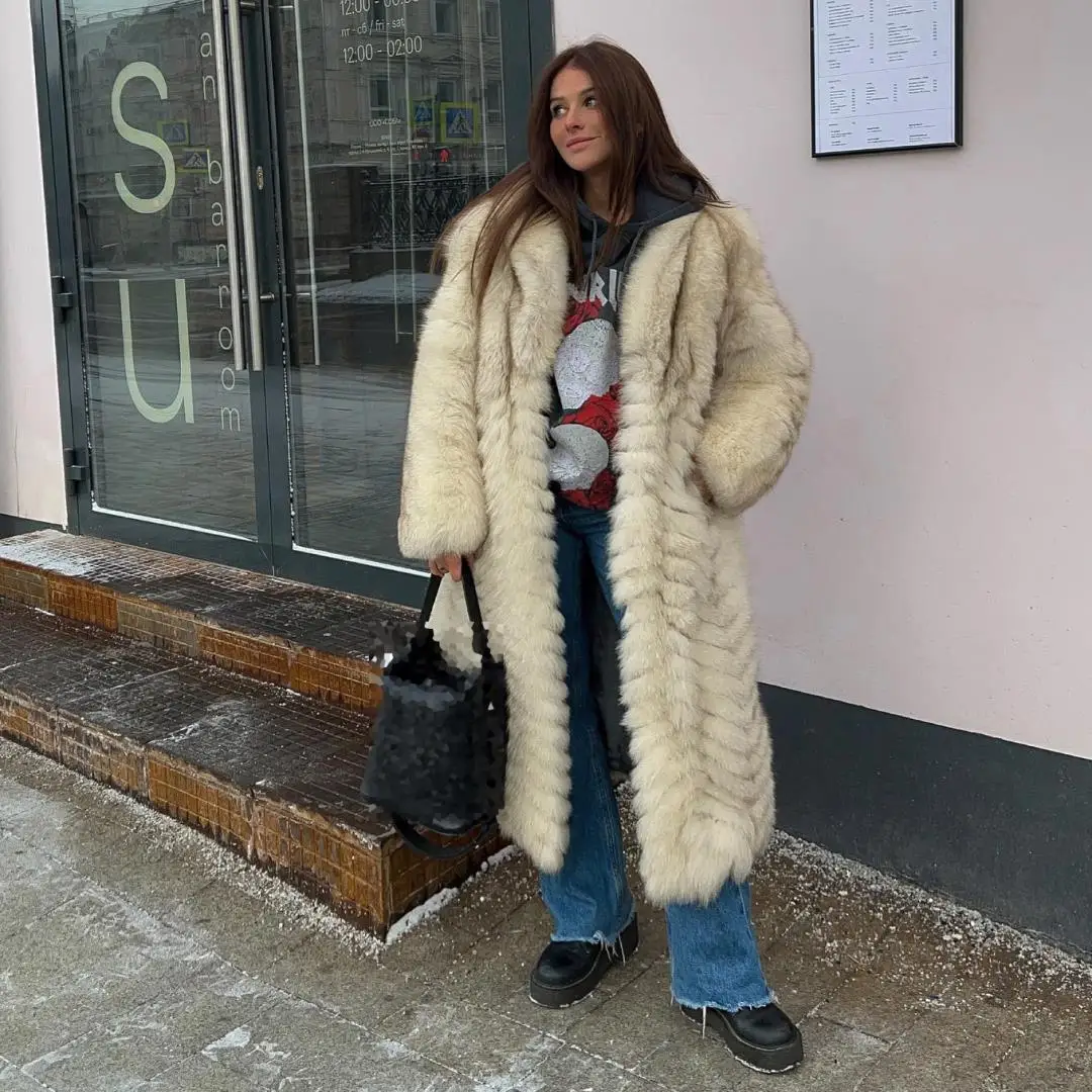 Luxury New Women Real Natural Blue Fox Fur Long Coat Winter Genuine Fox Fur Lapel Thick Overcoat Fashion Warm Real Fur Outwear