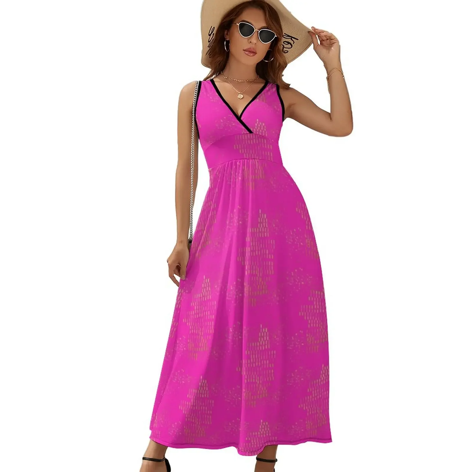 Hot Pink and Gold Design Pattern Sleeveless Dress elegant women's sets women formal occasion dresses Elegant gown Dress