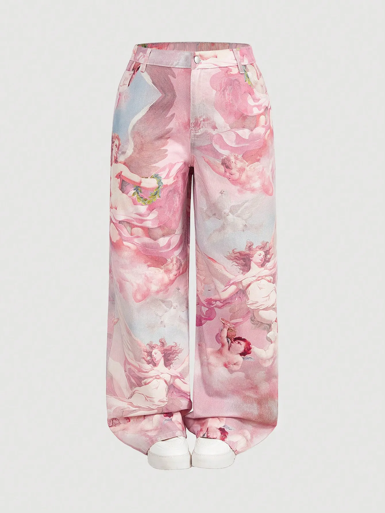 

Широкие брюки с принтом «Розовый ангел» и эластичной резинкой на талии, романтический художественный дизайн для осенней женской моды