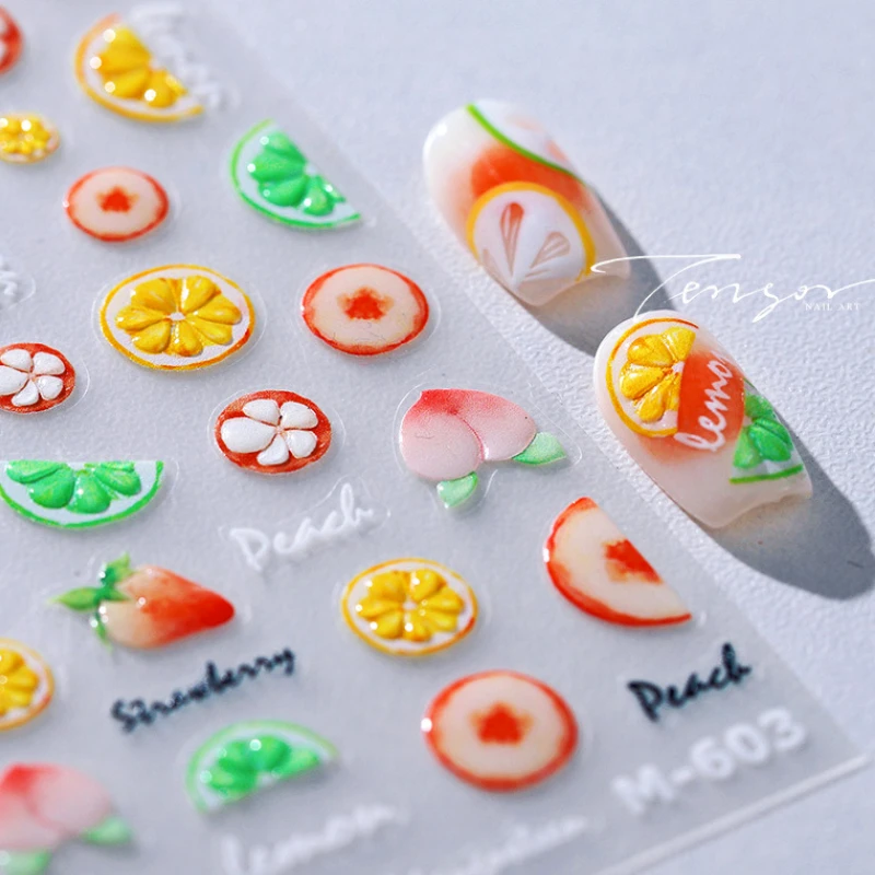 Colorful Jelly Mangosteen Peach Orange Grapefruit Lemon Strawberry Fruits Soft Embossed Relief Nail Art Stickers Manicure Decals