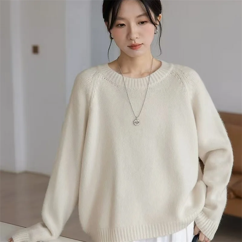 

Осень и зима 25, новинка 100, вязаный женский свитер из чистой шерсти с круглым вырезом, повседневный свободный женский пуловер обычного стиля с длинными рукавами