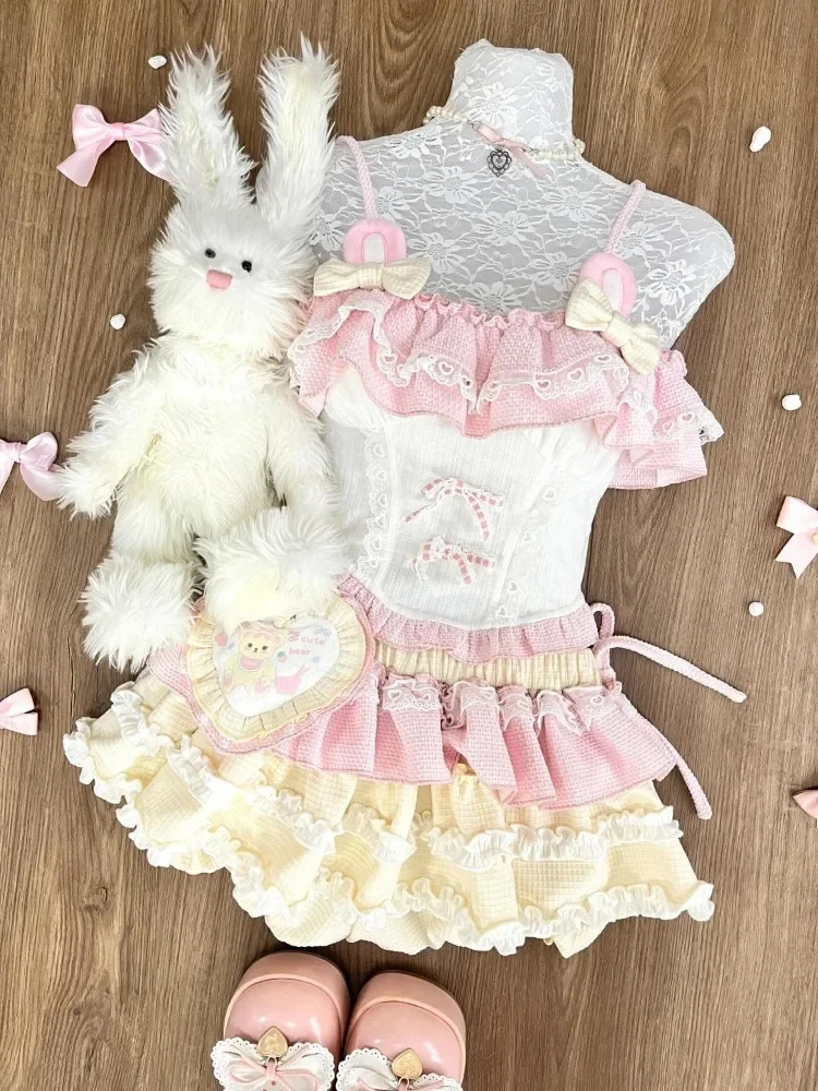 

Sweet Summer Outfit Women Pink Ruffle Trim Sleeveless Top + Flared Mini Skirt Set Cute Youthful Japanese Fashion Two Piece Set