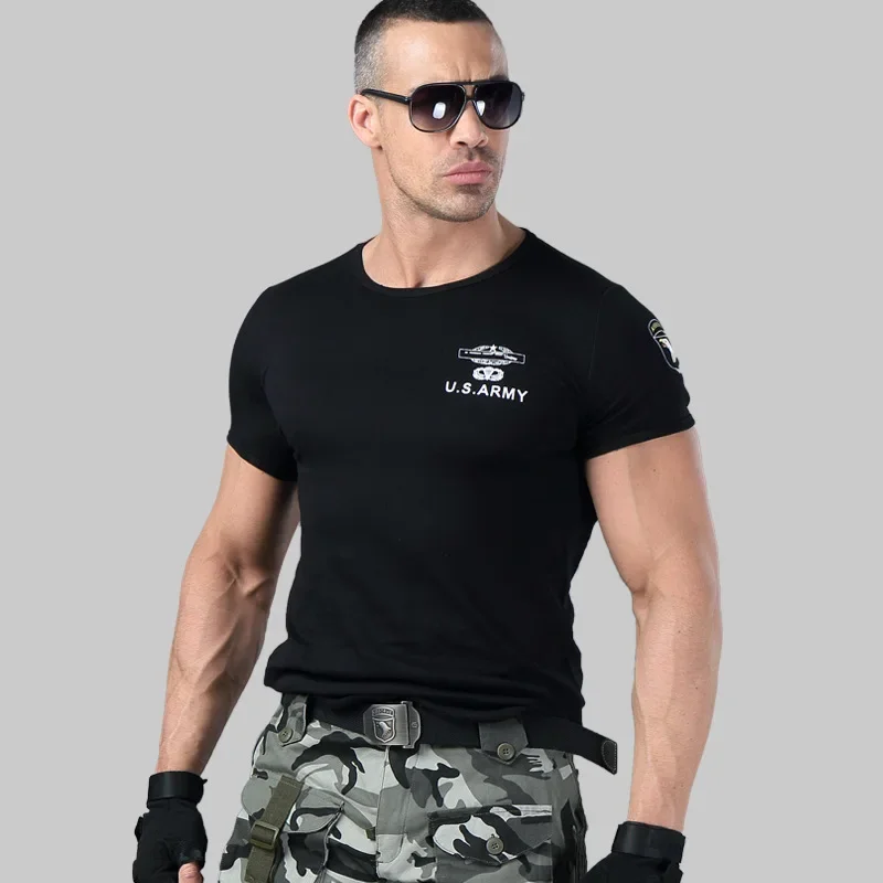 2024 Men\'s Army T Shirt Summer Military Cotton T-shirt Body Sculpting Short Sleeve High Elasticity Stretch Slim Fit Male Tshirt