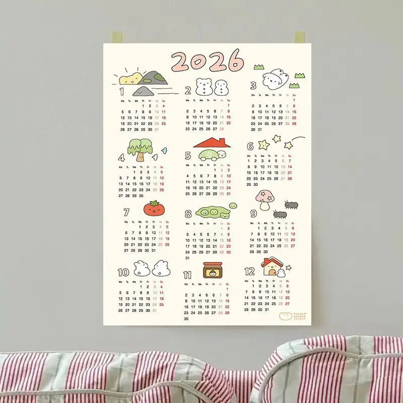 Korea 2026 Calendar Cute Poster Wall Calendar Decoration Living Room Decoration Self-adhesive Waterproof  Classroom Calendar