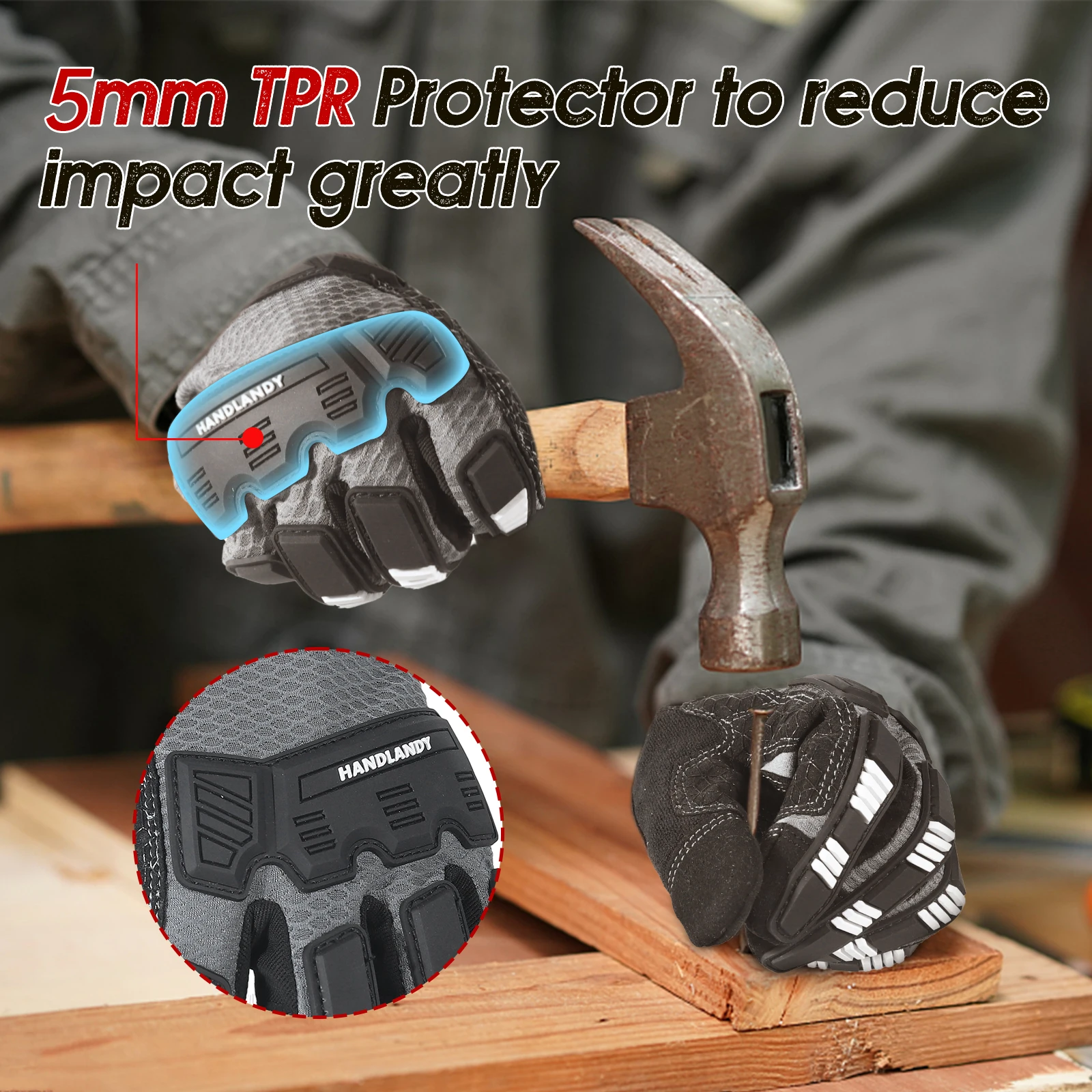 HANDLANDY Impact Reducing Work Gloves, Heavy Duty Work Gloves with Grip, Touchscreen Breathable Safety Mechanics Gloves