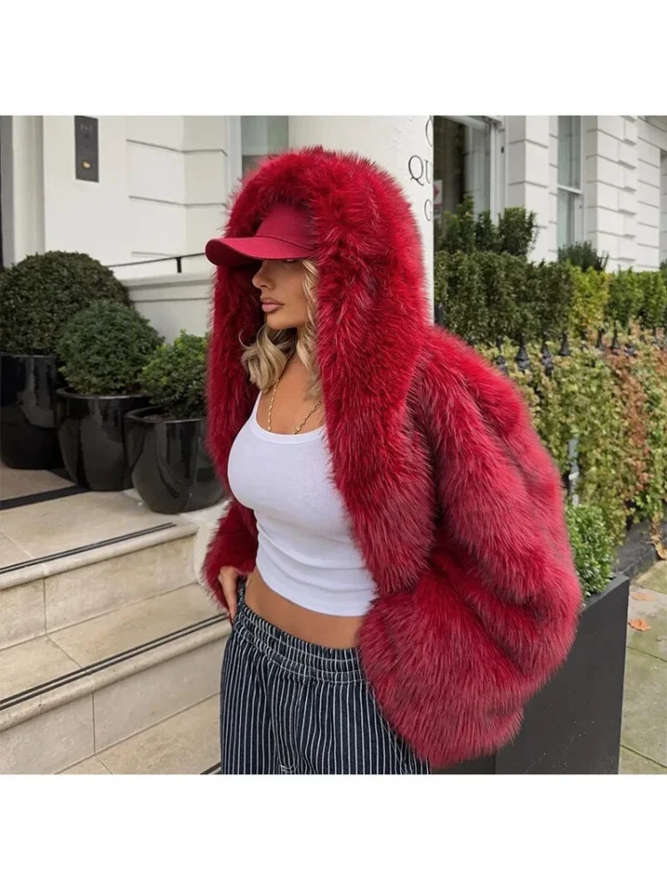 Wintermode namaakbont bovenkleding Trendy pluche pluizig los zacht prachtig feest energiek kleurrijk hiphop schattig bovenkleding met capuchon