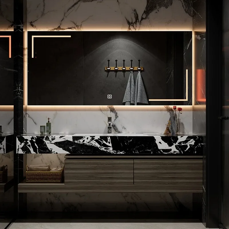 Modern Sink Storage Basin Bathroom Vanity with Smart Light Emitting Diode Mirror Copper Drain