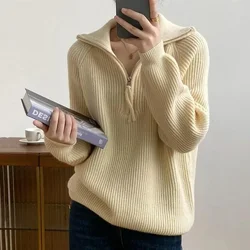 Zip-up Lapel Sweater 2024 New Turtleneck Design Loose and Lazy Knit Thickened Base Stylish and Comfortable Spring and Autumn