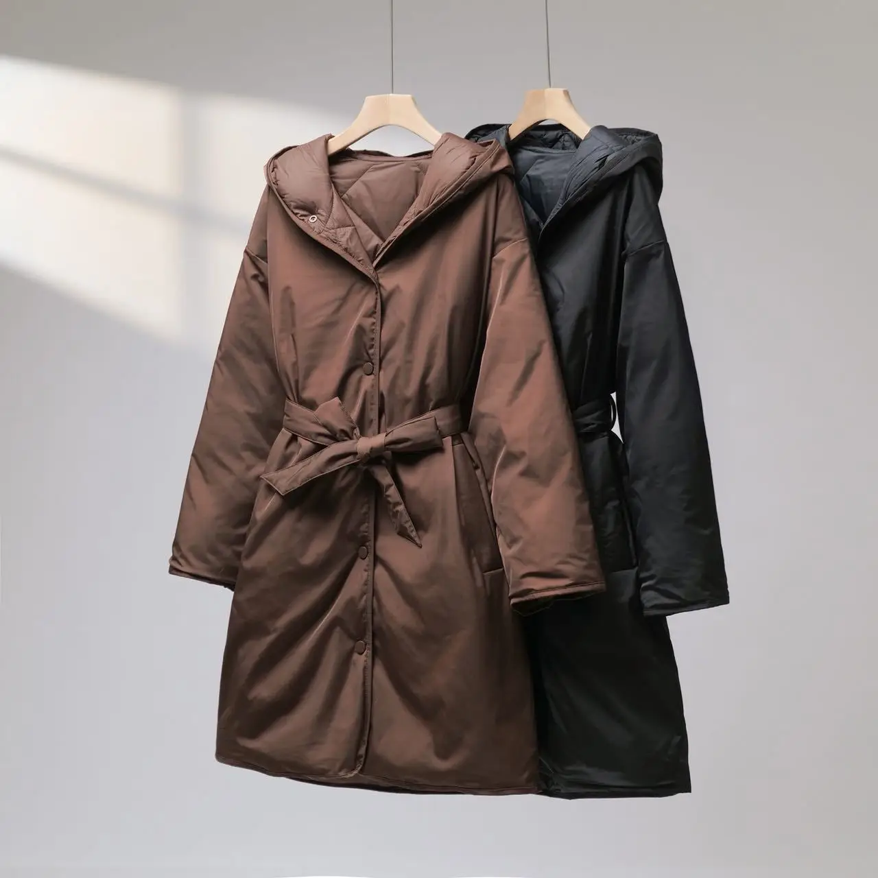 Winter Diamond Grid Double-sided Hooded Down Jacket Female Thick Warm Lace Up Jackets Women White Duck Down Mid-length Outwears