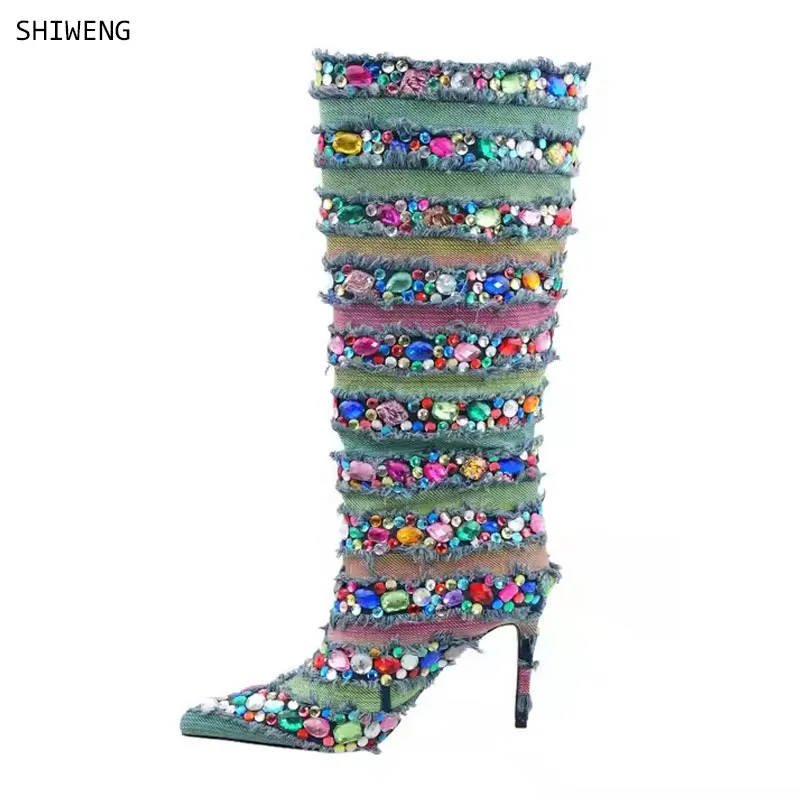 Super Bling Crystal Fold-over Denim Knee Boots Cover Thin Heel Pointy Toe Retro Cloth Boots Woman Rhinestone Jean Knight Boots