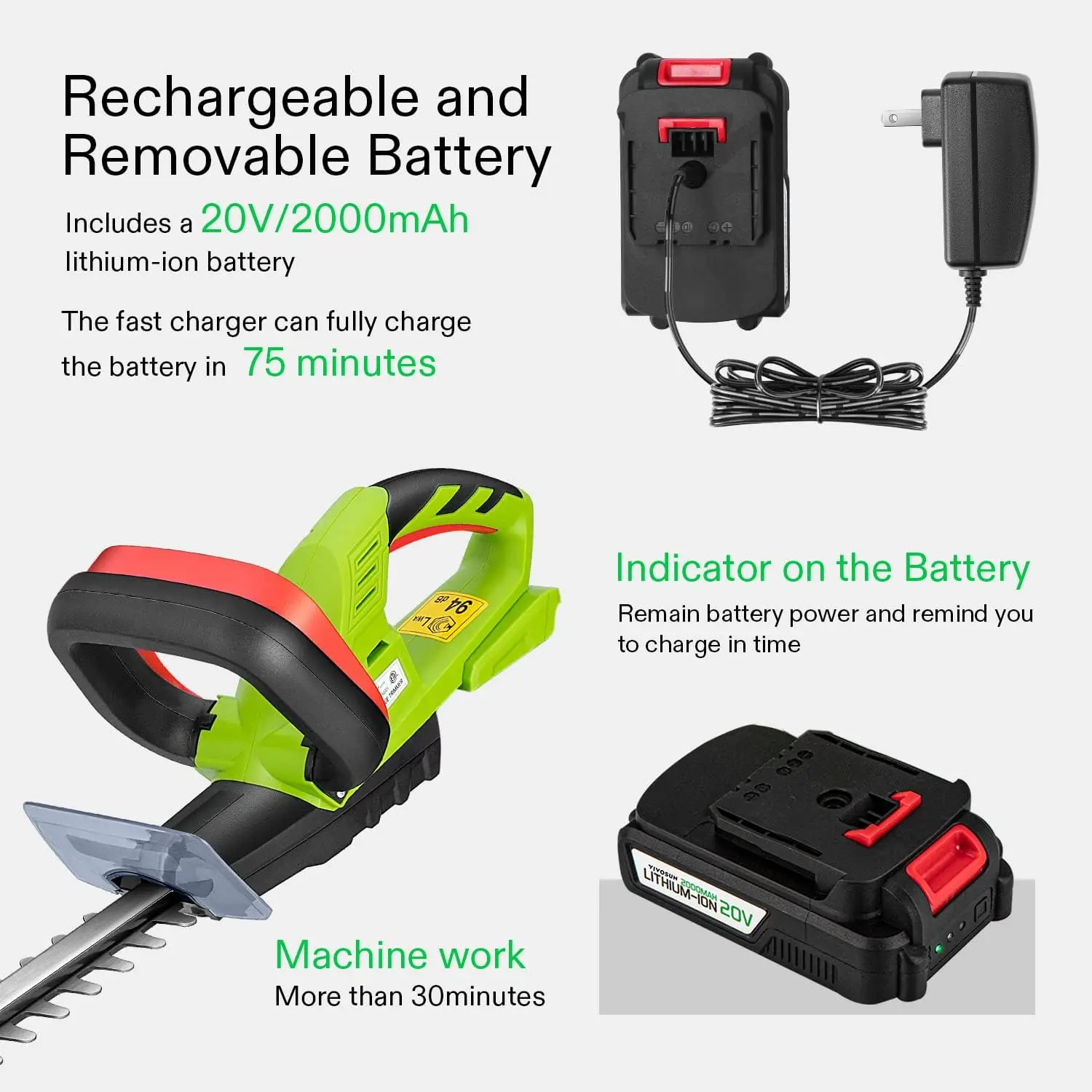 Tagliasiepi a batteria da 20", tagliasiepi elettrico da 20 V, tagliasiepi da 1400 giri/min. Batteria con capacità di taglio da 3/5" e caricabatterie rapido inclusi