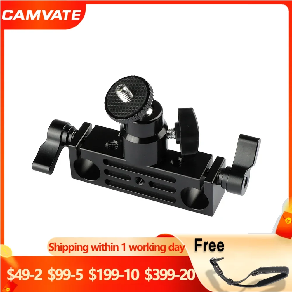 CAMVATE 15mm Dual Rod Clamp With Mini Ball Head & 1/4 Hot Shoe Mount Flash Bracket For LED Light,Microphone,LCD Monitor Mounting