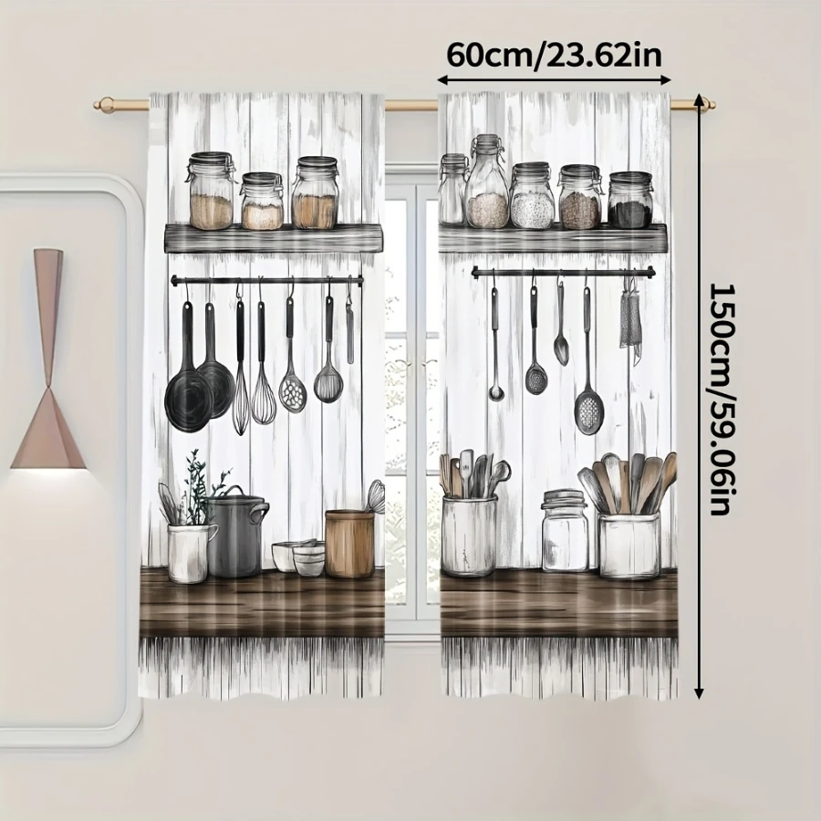 2PCS Digital Print Curtain, Vintage Kitchen Utensil Retro Cooking, Farmhouse Rustic for Living Room Bedroom Kitchen Decor