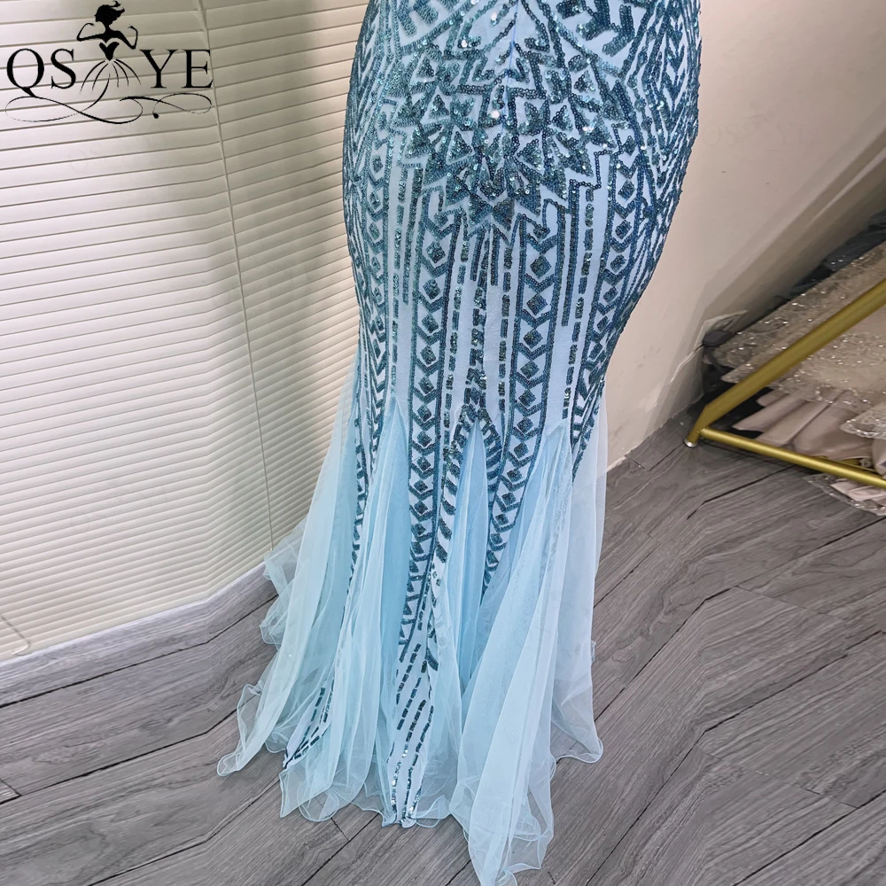 One Strap Light Blue Prom Dress Mermaid Crystal Beaded Strings Pattern Sequin Lace Evening Dress Tulle Bottom Party Gown 2024