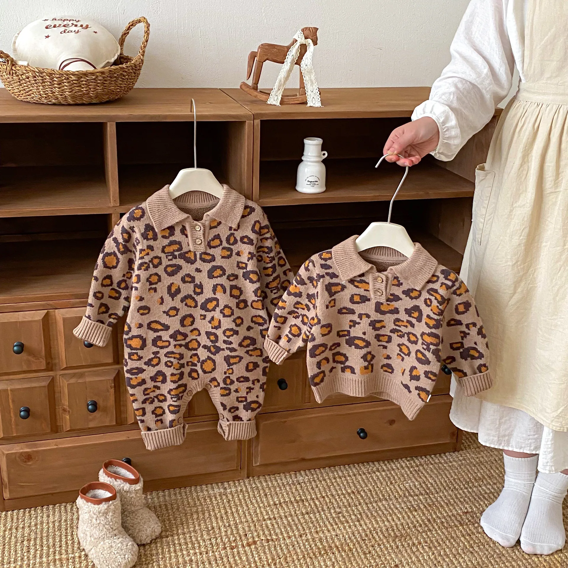 

0-5Y Baby Leopard Knitted Sweater Polo Collar Warm Knit Outfit 2025 Kids Boys Girls Autumn Winter Top Fashion Romper Clothes