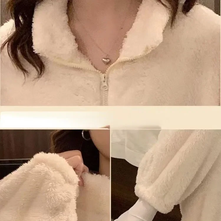 New Stylish Simple Warm and Loose Female Loungewear Zipper Stand Collar Pajama Velvet Padded Coral Velvet Homewear Suit