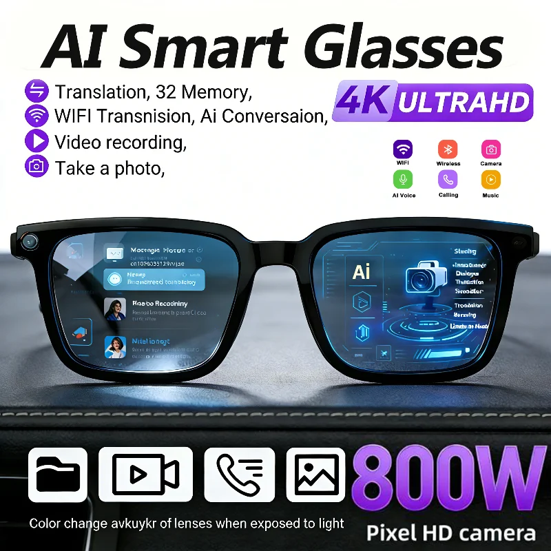 

AI Smart Glasses Translation Glasses 8MP HD Camera 4K Shooting Image Bluetooth Call Recording Music Photo Recognition Sunglasses