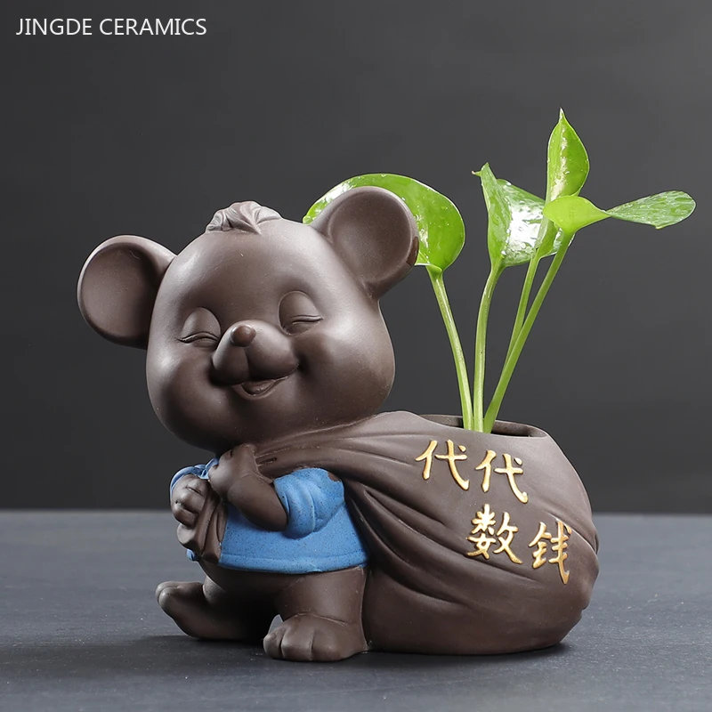 Cartoon Mouse Model Tea Pet Hydroponic Vase Home Ornaments Living Room Tabletop Decoration Cute Tea Table Decor Crafts