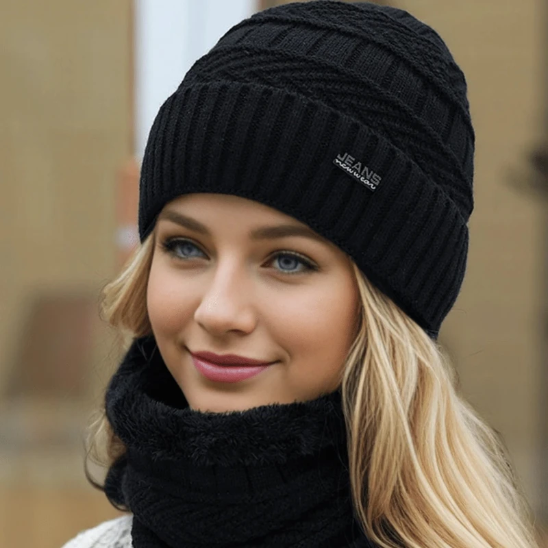 1-teiliges Set aus einfarbiger, mit Thermo gefütterter Strickmütze und Halswärmer für Damen/Herren, geeignet für den Außenbereich, Straße und den täglichen Gebrauch im Herbst/Winter