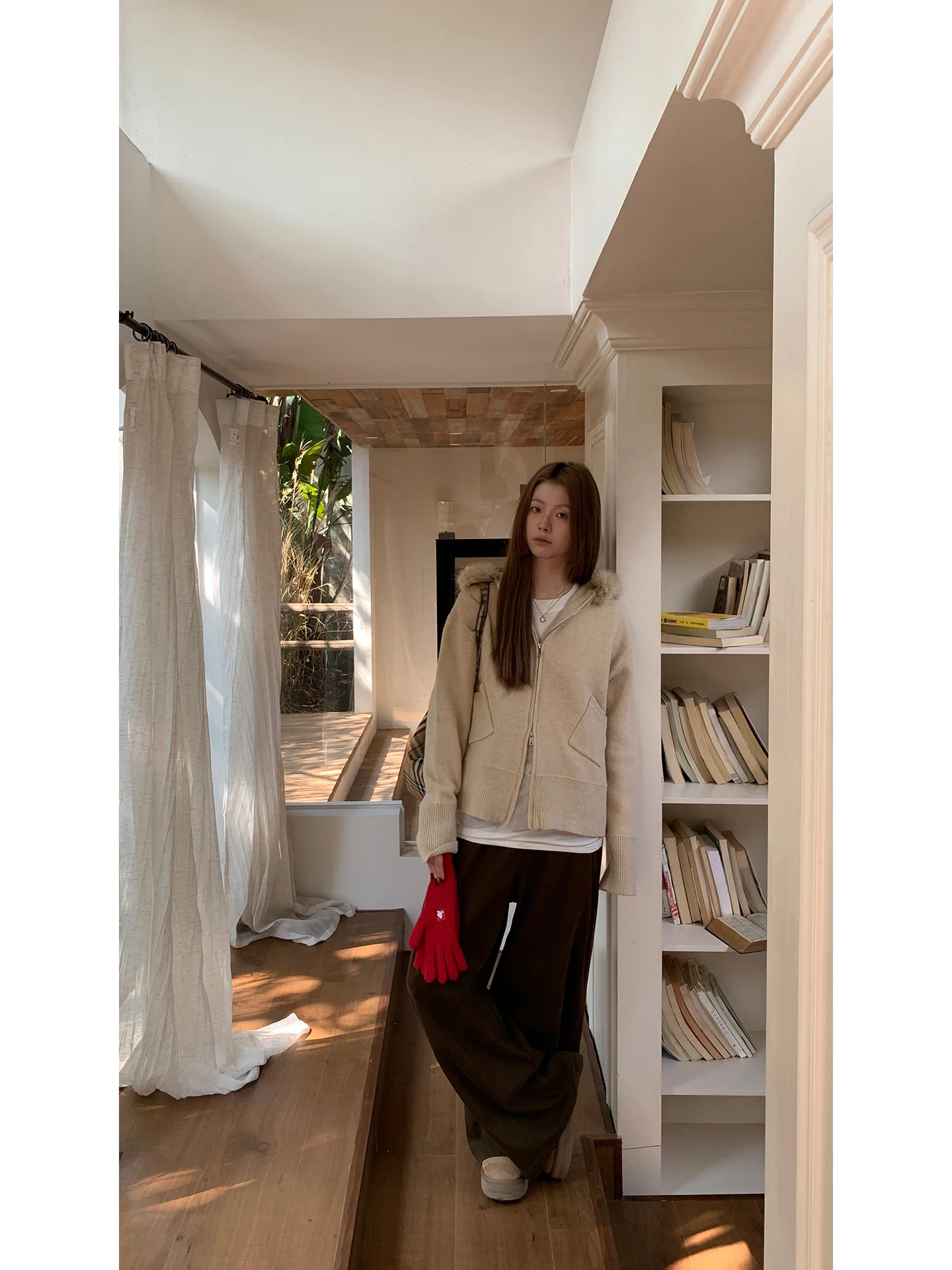 

Красный вязаный открытый кардиган знаменитостей, женский осенне-зимний новый шапка с капюшоном, красивый свитер Lazy Sle Jaet G Sle