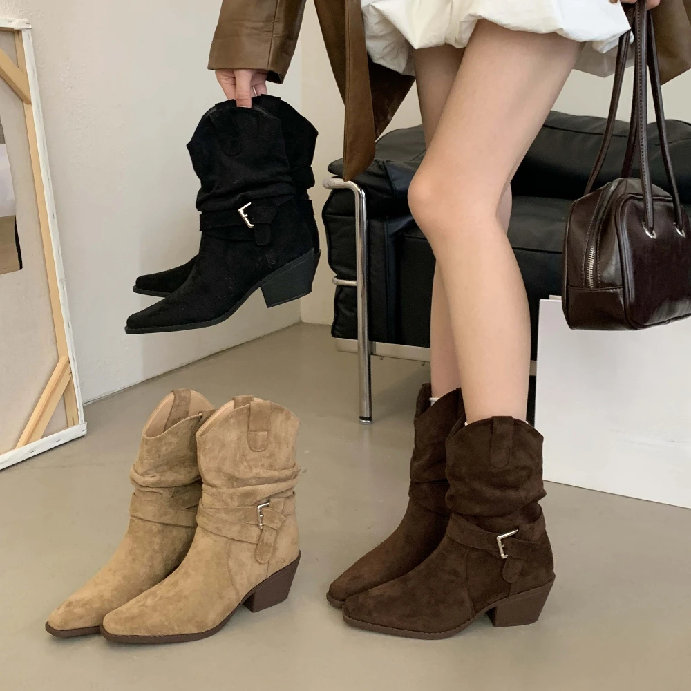 

Fashion Winter Autumn Ankle Boots Women Pointed Toe Retro Suede Belt Buckle Square Heel Western High Heeled Short Boots