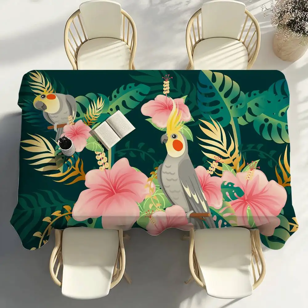Tropical Parrots Flowers Palm Leaves Table Cloth Party Decor Dining Room Home Kitchen Patios Waterproof Stain-Proof Table Cloth