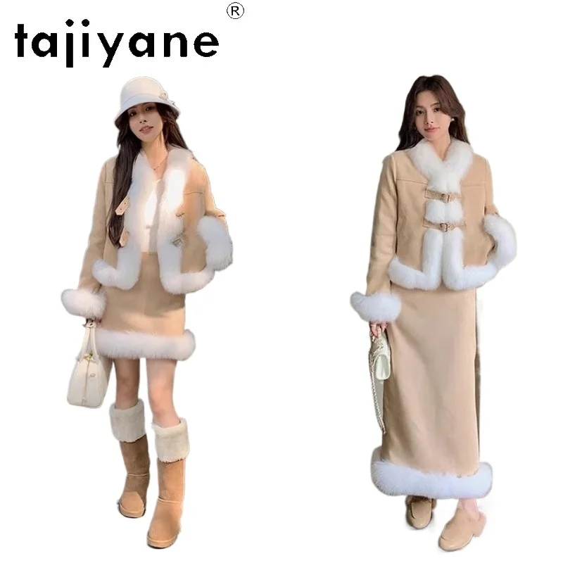 

TAJIYANE Suede Skirts with Natural Fox Fur Trim for Women Elegant Midi Skirt New Winter Woman Clothes 2025 faldas para mujeres