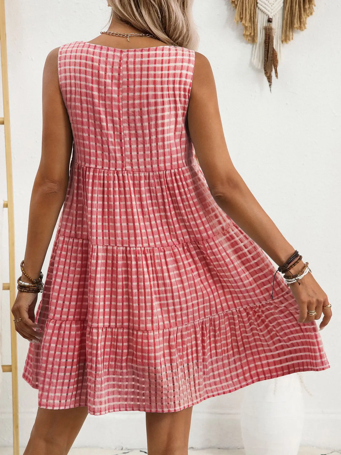 Dames Effen Kleur Gingham Mouwloze Jurk Lente Zomer Gelaagde Ruche Oogje Mini Zonnejurk Casual Boho Outfit Daten & Dagelijks